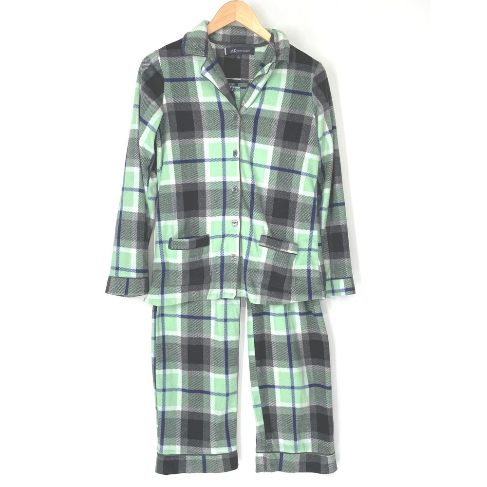 Anne Klein Women Pajama Set S Fleece Green Plaid Button Down Cozy